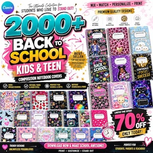 Può includere: Una collezione digitale di oltre 2000 copertine per quaderni stampabili per studenti, con vari design grafici tra cui stampe leopardate, glitter, temi spaziali e personaggi con testi come Back to School e Girl Boss.