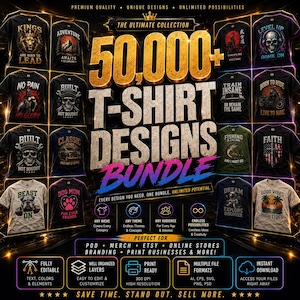 Könnte beinhalten: Eine digitale Werbegrafik für ein Paket mit über 50.000 T-Shirt-Designs. Das Bild zeigt ein Raster verschiedener T-Shirt-Motive mit unterschiedlichen Grafiken, darunter Totenköpfe, Tiere und Texte, vor einem dunklen Hintergrund.