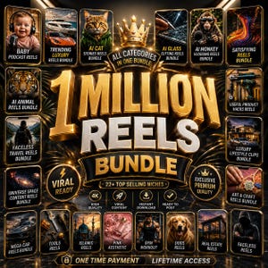 May include: A digital marketing graphic titled 1 MILLION REELS BUNDLE featuring a gold crown and numerous small rectangular panels displaying various video content niches like baby podcasts, luxury cars, animals, and lifestyle clips in a grid.