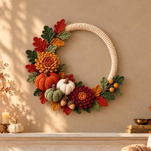 May include: A circular wreath featuring crocheted autumn elements including red, orange, and green oak leaves, yellow and deep red chrysanthemums, three small pumpkins in orange, white, and green, and two brown acorns with yellow berries.
