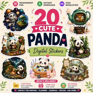 May include: A digital collection of 20 panda stickers featuring various scenes including a panda in a space suit, a panda in a teapot hot air balloon, a panda in a lightbulb, a panda eating bamboo, a panda camping, and pandas in baths.