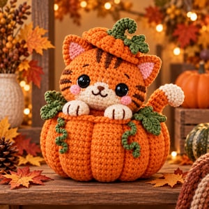 May include: A crocheted orange tabby cat with large black eyes and pink cheeks, sitting inside a large orange pumpkin. The cat wears a small pumpkin-shaped hat, and the pumpkin base is decorated with green crocheted leaves and curly vines.