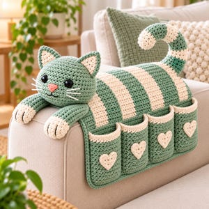 Può includere: Un organizer all'uncinetto a righe verde salvia e crema a forma di gatto, con testa dotata di occhi neri, naso rosa e baffi bianchi. Il corpo poggia su una superficie e presenta quattro tasche, ognuna decorata con un piccolo cuore bianco.