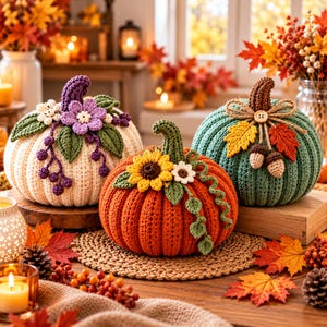 May include: Three crocheted pumpkins in cream, orange, and green. The cream pumpkin features purple flowers and berries. The orange pumpkin has a sunflower and green vines. The green pumpkin is decorated with a bow, leaves, and acorns.