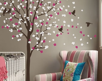 Baby Nursery Wall Decals - Cherry Blossom Tree Wall Decal - Birds Decal - Large: approx 93" x 104" - KC010