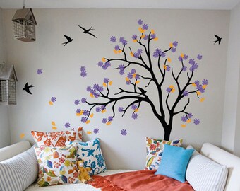 Nursery Tree Wall Decals Blossom Tree Sticker Wall Art Mural decoration with Birds - Large: 71" x 49" - KC055