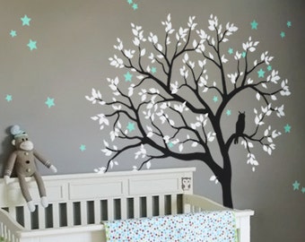 Baby Nursery Tree Wall Decal Wall Sticker - Owl Tree Wall Decal - Owl, Stars and Tree Decals - Large: approx 71" x 59" - KC054