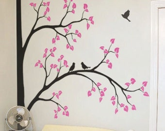 Corner Tree Wall Decal: Nursery Wall Art with Birds & Leaves