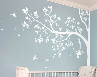 Tree Wall Decal Nursery Wall Decor White Tree Wall Mural Sticker Corner Blossom Tree decal Birds Birdhouse, Large: 93" x 70" - KC057