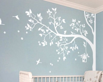 White Tree Wall Decal - Nursery Wall Decor - White Wall Mural Sticker - Corner Blossom Tree decal Birds Birdhouse, Large: 93" x 70" - KC057