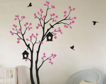 Large Tree Wall Decal Baby Nursery Wall Decals Birds Birdhouse Cute Wall Mural Sticker Art - Large: approx 82" x 55" - KC002