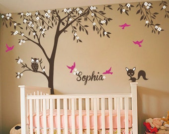 Baby Nursery Wall Decals - Tree Wall Decal - Tree Decal - Owl and Fox Decal - Large: approx 121" x 95" - KC025