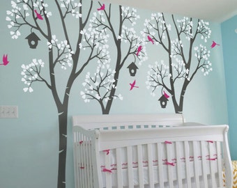 Nursery Trees Wall Decals Birdhouse Trees Decal Decoration Tree Wall Mural Sticker Wall Art Decor  - Large:96" x 100" - KC027