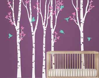 Birch Tree Wall Decal: Nursery Wall Art with Birds (142x93&quot;)