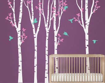 White Tree Wall Decal Baby Nursery Birch trees Wall Sticker wall Art Mural Long Trees  Large scene: approx 142" x 93"  - K048