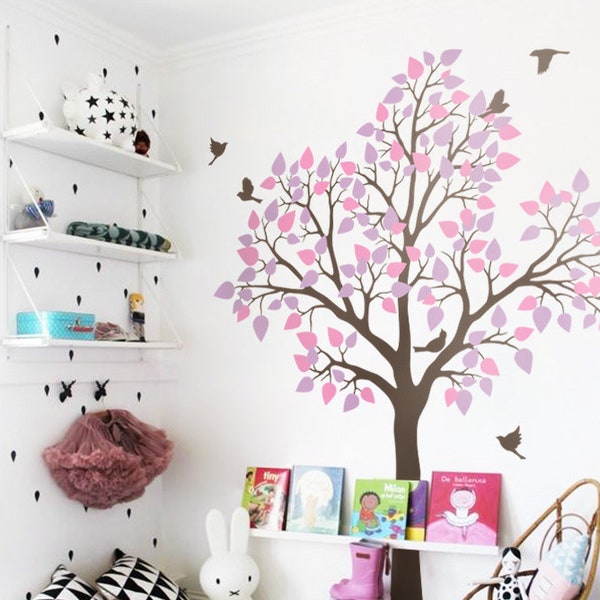 Autocollant mural arbre de pépinière avec oiseaux, décoration artistique murale pour chambre d'enfants KC020