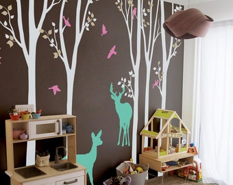 Baby Nursery Wall Decals White Birch Trees Decal Tree Wall Decal - Tree Wall Decals - Tree Wall Decal with Deer - Large: 104" x 93" - KC022