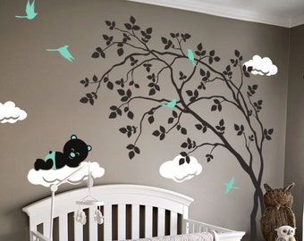 Calcomanías de pared de guardería para bebés - Calcomanía de pared de árbol - Calcomanía de árbol - Calcomanía de peluche - Grande: aproximadamente 79" x 62" - KC029