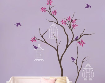 Baby Nursery Wall Decals Tree Wall Decal Birdcage Wall Art Mural Sticker Decal - Large: approx 86" x 51" - KC011