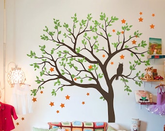 Pegatina de pared de árbol, calcomanía de pared de árbol de búho, decoración artística de pared para guardería con Mural de búho y estrellas - KC054