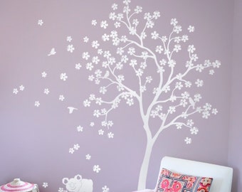 White Tree Wall Decal with Koala and Cherry Blossoms - Customizable Colors - Nursery and Kids Room Decor - KC013