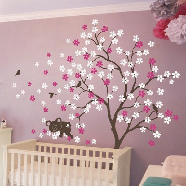 Bébé pépinière arbre sticker mural - grand sticker mural arbre de fleurs de cerisier avec Koala - brun arbre Wall Art Sticker Mural - KC013