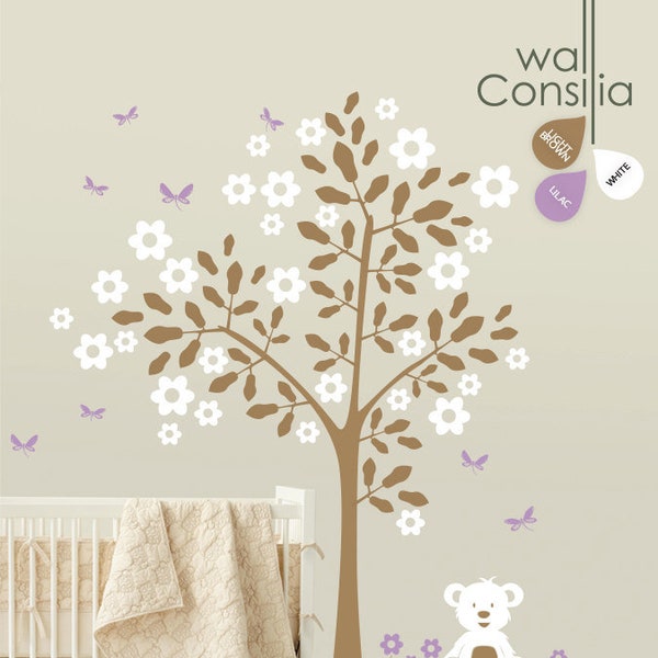 Baby Nursery Tree Wall Decal Wall Sticker with Teddy Bear and butterflies Tree Wall Mural Sticker - Large: approx 88" x 82" - K004