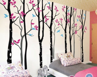 Tree Wall Decal Birch Forest Mural, Large Woodland Nursery Stickers, Kids Room Wall Art