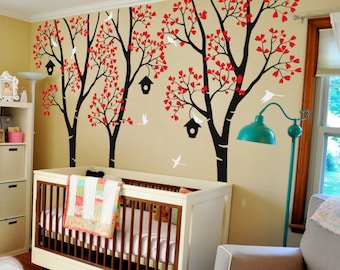Birch Tree Wall Decals: Birdhouse Nursery Mural (96&quot; x 100&quot;)