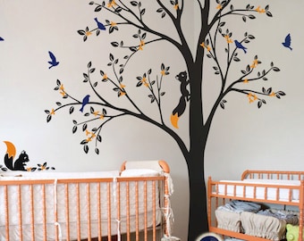 Large Tree Wall Decal Nursery Tree Wall Sticker Full Corner Tree Mural with Squirrels - Set of Two trees - KC026