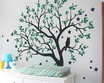 Calcomanías de pared de árbol grande, pegatina de pared de árbol de guardería para bebé con búho, estrellas y arte mural de pared de árbol, grande: aproximadamente 71 "x 59" - KC054-2