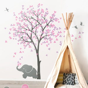 Large Tree Wall Decals Tree Wall Sticker Elephant Decal Decor Tree Wall Art Mural Decoration - Large: approx 83&quot; x 53&quot; - KC033