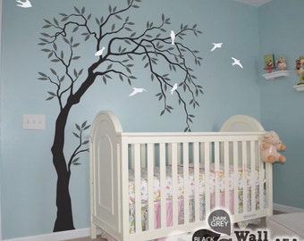 Nursery Tree Wall Decals Willow Tree sticker Large Wall Art Mural Decor with Birds - Large: appx. 58"x85" KC028