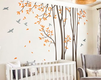 Tree Wall Decals Baby Nursery Birch Tree Decal Sticker Long Skinny Trees Wall Art Tree Wall Decal Vinyl Mural -Large: approx 95" x 89" KC047