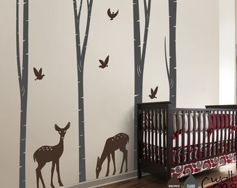 Birch trees Wall Decal Nursery Tall Trees Sticker with Deer Wall Mural Wall Art Decoration W022