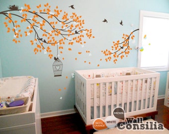 Nursery Branches with Birds Wall Decal - Wall Mural Sticker - Cherry Blossom Branches with Birdcage - Kids room wall decoration KC040