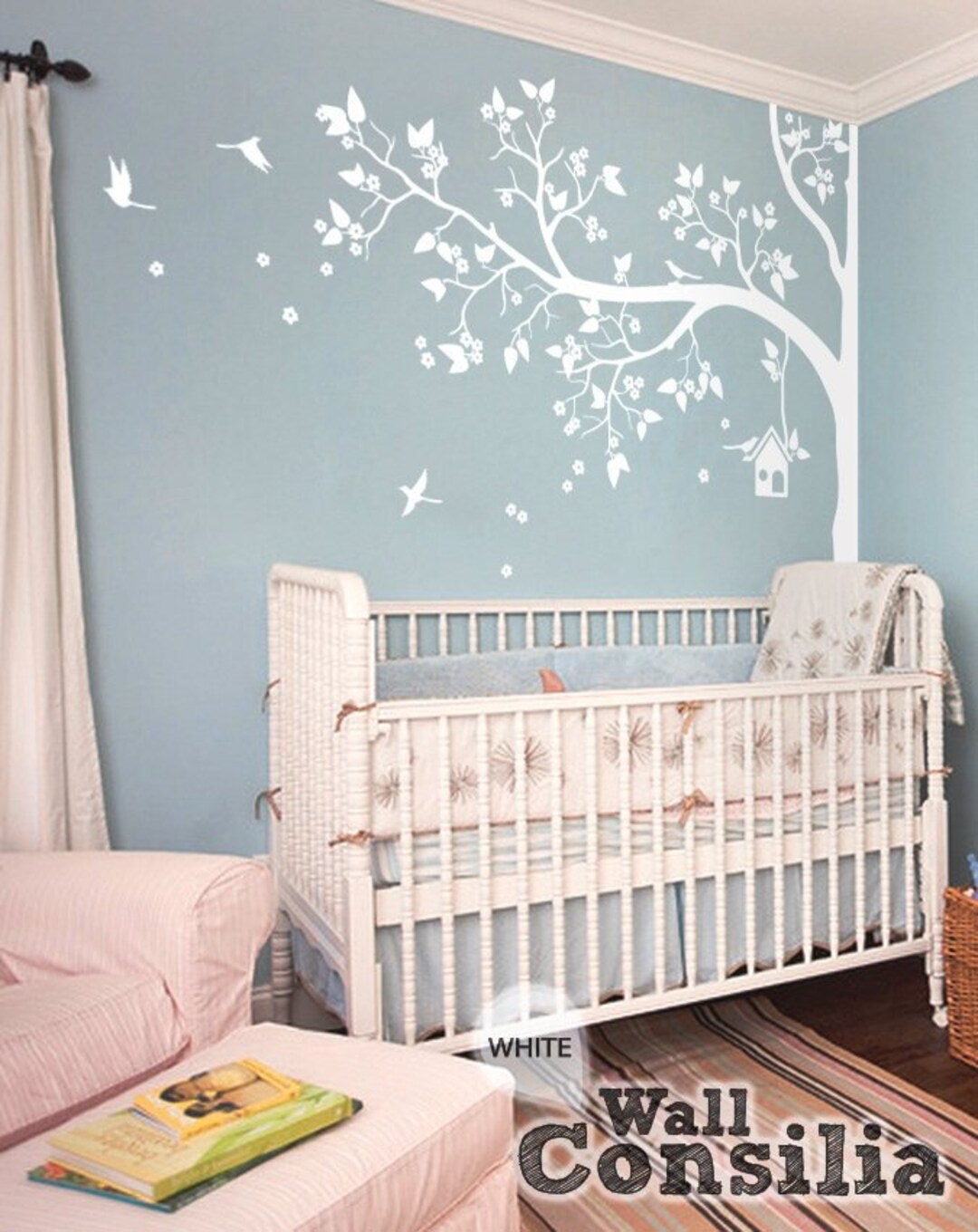 White Tree Wall Decal - Nursery Wall Decor - White Wall Mural Sticker ...