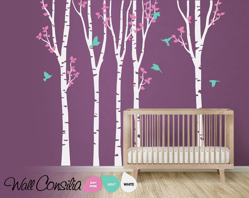 White Tree Wall Decal Baby Nursery Birch trees Wall Sticker wall Art Mural Long Trees Large scene: approx 142 x 93 K048 image 1