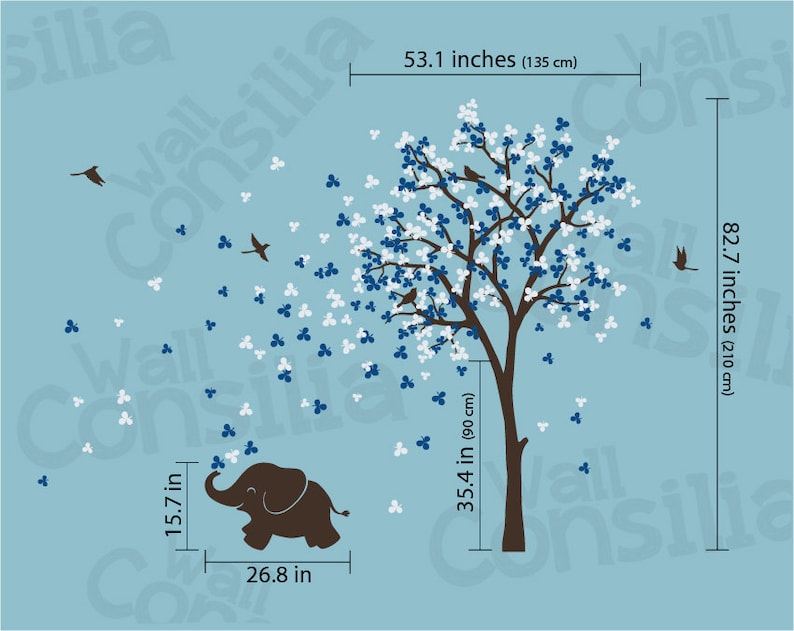 May include: Blue and white tree wall decal with a brown trunk and small blue birds. The tree is surrounded by small blue and white flowers. A brown elephant with a blue trunk is standing below the tree. The decal measures 210 cm tall and 135 cm wide.