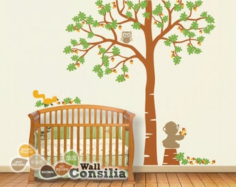 Baby Nursery Tree Wall Decal Tree Decals Tree Wall Decal with Teddy Owl Wall mural sticker - Large: approx 93" x 85" - KC031