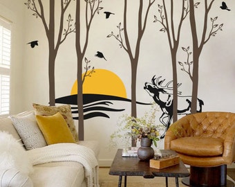 Trees and Deer Wall Decal - Sunset Wall Decal - Wall Sticker - Tree Decals - Large: approx 95" x 116" - KC007