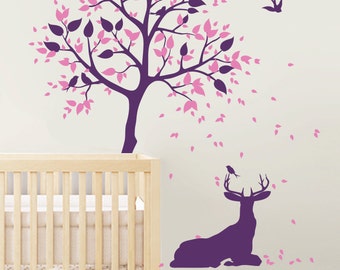 Baby Nursery Wall Decals - Tree Decals - Tree Wall Decal - Wall Mural Sticker - Tree Wall Decal with Deer - Large: 78" x 49" - KC056