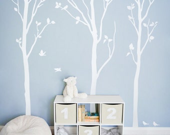 White Tree Wall Decals White Birch Trees Decal Nursery wall decor Tree Wall Mural stickers - Large: approx 92" x 81" - KC003
