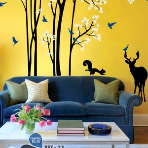 Nursery Tree Wall Decals Long Trees Wall Sticker Wall Mural with Squirrel Deer Wall Art Large: approx 95 x 89 KC048 image 1