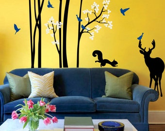 Nursery Tree Wall Decals Long Trees Wall Sticker Wall Mural with Squirrel Deer Wall Art - Large: approx 95" x 89" - KC048