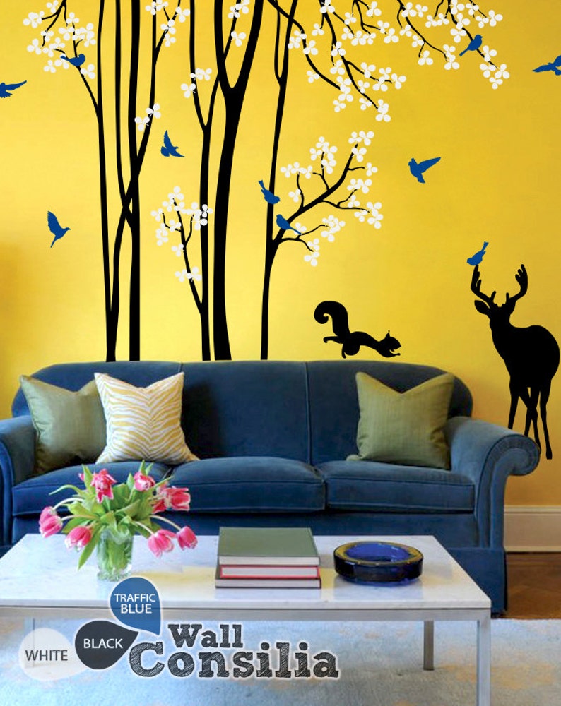 Nursery Tree Wall Decals Long Trees Wall Sticker Wall Mural with Squirrel Deer Wall Art Large: approx 95 x 89 KC048 image 1