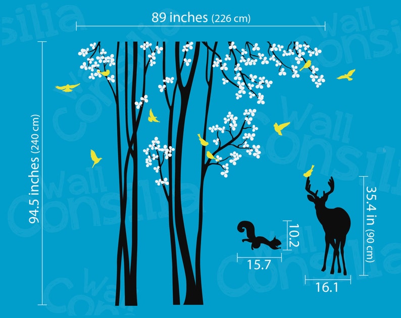 Nursery Tree Wall Decals Long Trees Wall Sticker Wall Mural with Squirrel Deer Wall Art Large: approx 95 x 89 KC048 image 2