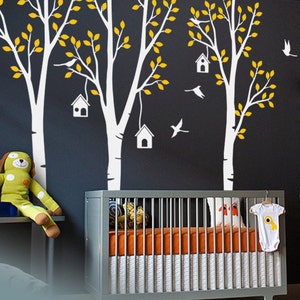 Tree Wall Decal Birch Forest Set, Nursery Birdhouse Stickers, Woodland Kids Room Mural Gift