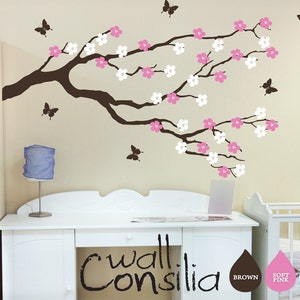 Nursery Blossom Branch with Butterflies Wall Decal Wall Sticker Cherry Blossom Wall Decals Large: approx 39 x 67 W010 image 1