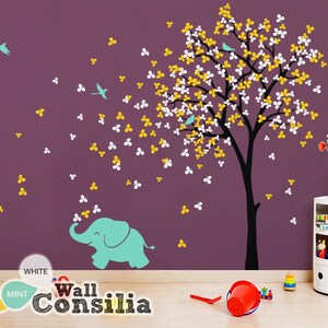 Baby Nursery Wall Decals - Tree Wall Decal Elephant Decal Decor Tree Wall Mural Sticker Decoration - Large: approx 83&quot; x 53&quot; - KC033